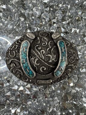 EJC vintage Turquoise Inlay Horseshoe Beltbuckle— Silver-Tone Western Accent